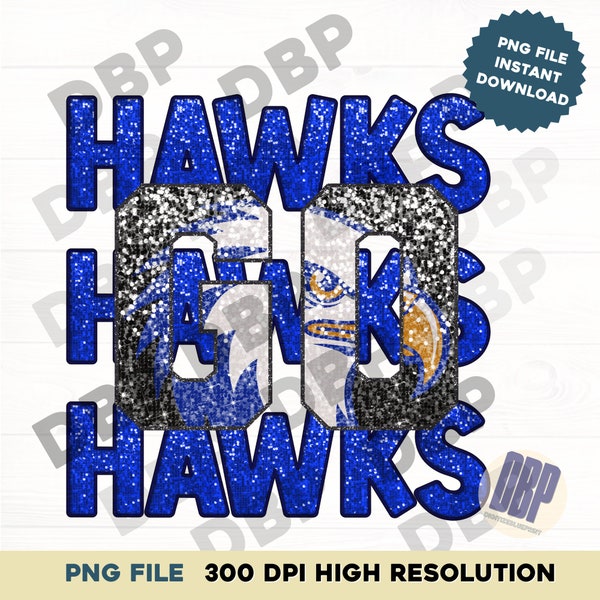 Go Hawks PNG, Faux Glitter Design, Hawk Sequin Embroidery PNG, Sequin Black and Blue, Eagle Sequin, Sport Sublimation Hawks