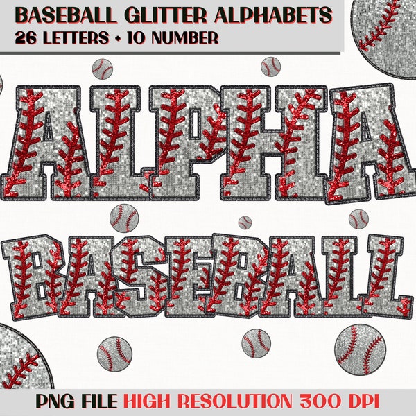 Baseball Glitter PNG Alphabets, Sequin Baseball Letters, Softball Alphabet PNG, Stitch Baseball Letters, Faux Glitter, Sport Sequin PNG.