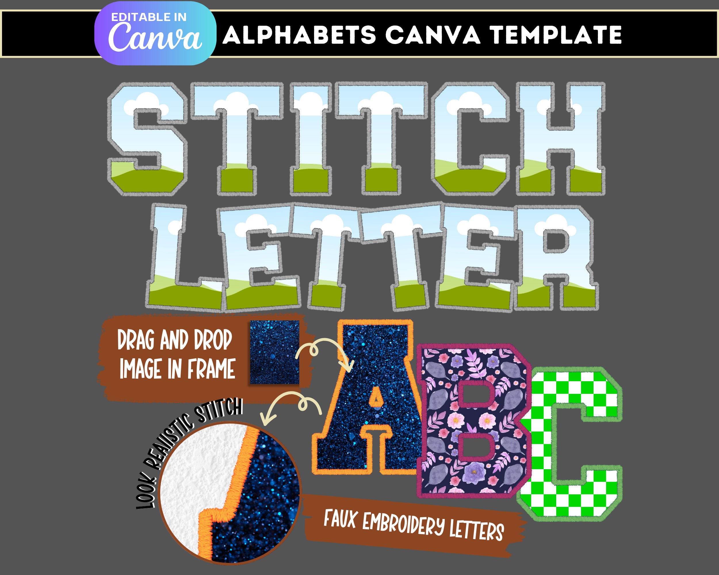 Faux Embroidery Letters Canva Frames, Stitch Alphabet, Canva Letter