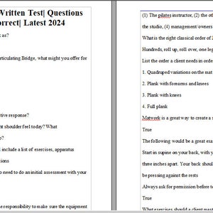 Puede incluir: Una página de un examen de instructor de Pilates con preguntas de opción múltiple y verdadero o falso. Las preguntas cubren temas como el orden de los ejercicios, la seguridad del cliente y el papel del instructor.