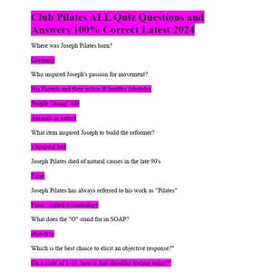 Puede incluir: Un documento blanco con texto rosa que dice "Club Pilates ALL Quiz Questions and Answers 100% Correct Latest 2024". El documento contiene preguntas y respuestas sobre Joseph Pilates.