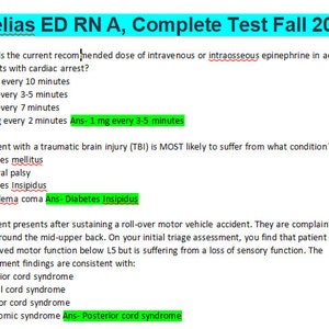 May include: A multiple-choice test for emergency room registered nurses. The test covers topics such as the recommended dose of epinephrine for cardiac arrest, the most likely condition to affect a patient with a traumatic brain injury, and the assessment findings consistent with a patient suffering from a loss of sensory function after a motor vehicle accident.