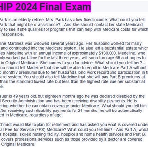 Op de afbeelding: Een zwart-wit tekstdocument met de titel "AHIP 2024 Final Exam". Het document bevat informatie over Medicare en hoe je je kunt inschrijven voor het programma.