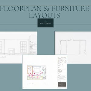 May include: A collection of architectural floorplan and furniture layout documents featuring the text FLOORPLAN & FURNITURE LAYOUTS and MIDDLEMIST LONDON. The documents include technical line drawings of room elevations, top-down floor plans, and furniture placement diagrams with annotations.