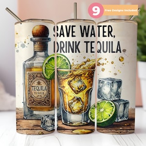 May include: A set of three stainless steel tumblers featuring a design of a bottle of tequila, a glass of tequila, limes and ice. The tumblers have the text "Save Water, Drink Tequila" printed on them.