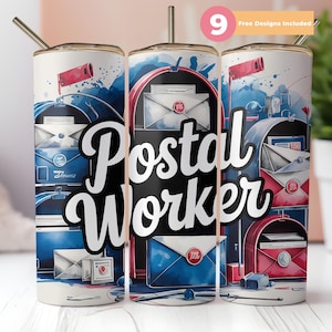 Postal Worker 20 oz Skinny Tumbler Wrap Sublimation Design, Cute Cat Mail Carrier Letter Stamp Collage, Kitty Digital Download PNG