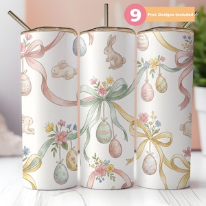 May include: Three white 20 oz. stainless steel tumblers with Easter-themed designs. Each tumbler features pastel ribbons, Easter eggs, bunnies, and floral accents. The text "9 Free Designs Included" is visible on the top right.