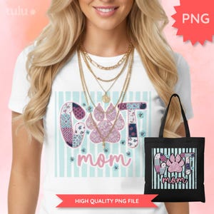May include: White t-shirt with a "Cat Mom" design featuring a paw print and floral accents. A black tote bag with the same design is also visible. The design includes the text "Cat Mom" in a decorative font.
