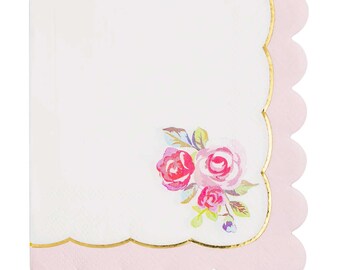 Rose Corner Paper Napkins, Tea Party Birthday, Gold Foil (32/Pack)