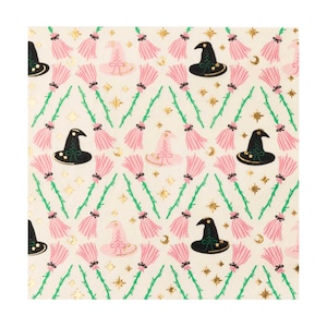 May include: A patterned Halloween-themed design featuring repeating images of witch hats, pink brooms, stars, and crescent moons. The hats are black and pink, and the brooms are pink with green handles. Gold accents are scattered throughout the design.