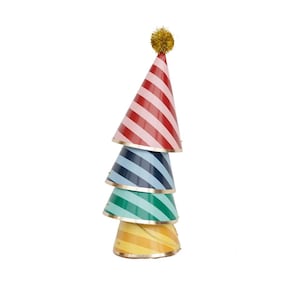 Puede incluir: Una pila de cuatro gorros de fiesta coloridos. El gorro superior es de rayas rojas y rosas, rematado con un pomp&oacute;n dorado. Los otros gorros son azules, verdes y amarillos con ribetes dorados y patrones de rayas.