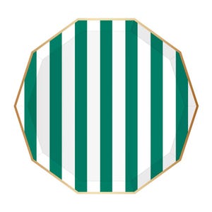 May include: An octagonal paper plate with a gold rim. The plate features vertical stripes in white and teal. The plate is designed for serving food at a party or event.