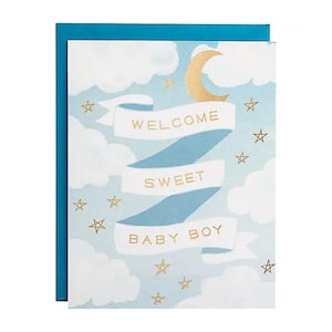 Carte de bienvenue, doux bébé garçon, arrivée de bébé garçon, carte de voeux, carte de baby shower garçon, c'est un garçon, carte de bébé garçon bleue, lunes et étoiles