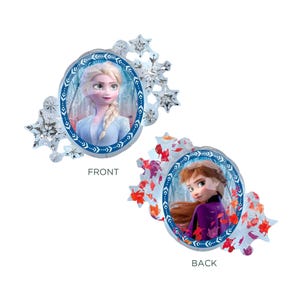 Op de afbeelding: Twee ovale folieballonnen met personages uit de film Frozen. E&eacute;n ballon toont Elsa, de andere Anna. Elke ballon heeft een blauwe rand en sneeuwvlokaccenten. De woorden "FRONT" en "BACK" staan erop.