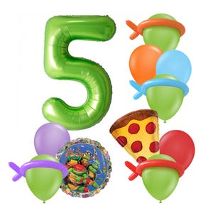May include: A collection of colorful balloons, including a large green number 5, and several balloons shaped like the Teenage Mutant Ninja Turtles. There is also a pizza slice balloon and a round balloon with the Teenage Mutant Ninja Turtles on it.