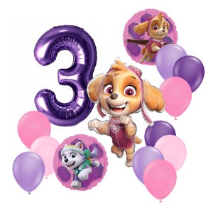 Peut inclure: Une composition festive de ballons d'anniversaire avec un grand ballon chiffre 3 violet, des ballons de personnages et un assortiment de ballons roses et violets. Les ballons de personnages représentent Skye de la Pat' Patrouille.