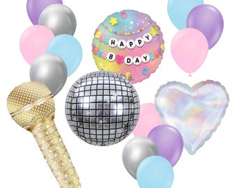 Ramo de globos de cumpleaños para fans de Swiftie, pulsera de la amistad, bola de discoteca, micrófono