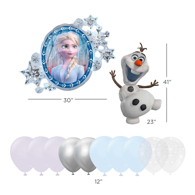 Op de afbeelding: Een verzameling Frozen-themafeestdecoraties. Inclusief een 76 cm Elsa-ballon, een 104 cm Olaf-ballon en een set ballonnen in verschillende kleuren. De ballonnen hebben een diameter van ongeveer 30 cm.