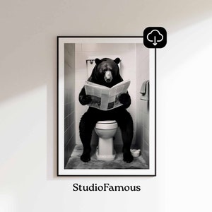 Animal Bathroom Poster, Funny Bathroom Wall Art, Bear Poster Art, Funny Toilet Animal Print, Instant Download Art, Animal Bathroom Wall Art
