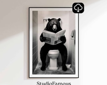 Toiletposter grappige beer: dieren badkamer muurkunst (digitale download)