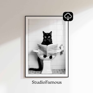 Animal Bathroom Poster, Funny Bathroom Wall Art, Black Cat Poster Art, Funny Toilet Animal, Instant Download Art, Animal Bathroom Wall Art