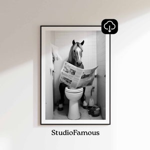 Póster de baño de animales, arte divertido para la pared del baño, póster artístico de caballos, arte divertido de animales para el baño, arte de descarga instantánea, arte de pared para el baño de animales