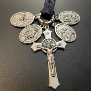 Catholic Protection from Evil Paracord Necklace St. Benedict Crucifix with Holy Spirit,  St. Joseph, St. Michael & Miraculous Medals