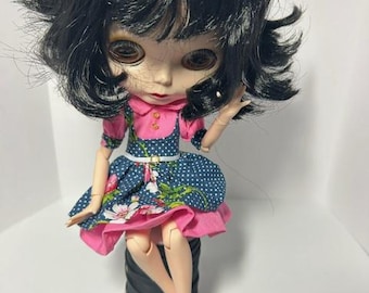 Handmade Blythe Doll Dress: Pink & Navy Polka Dot Party Outfit