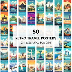 50Pcs Retro Travel Poster, Retro Aesthetic, Vintage Travel Wall Art, Estética de parede Collage, Viagens Wall Prints, Decoração de quarto, Vintage Poster