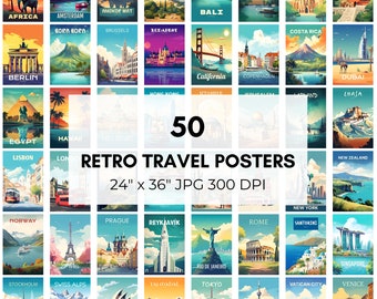 May include: A collection of 50 retro travel posters featuring iconic landmarks and destinations around the world. Each poster is a vibrant illustration with a vintage aesthetic, showcasing cities like Paris, Tokyo, London, and New York.