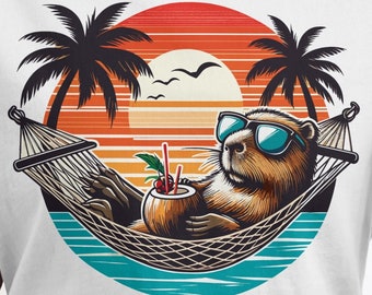 Capybara Beach Vibes T-Shirt, Cool Sunglasses Animal Tee, Sunset Graphic, Relaxed Vacation Shirt, Summer Beachwear Top