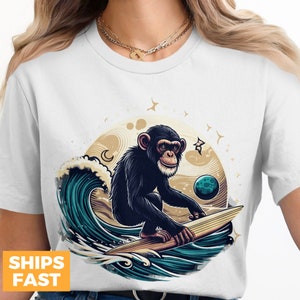 Surfing Chimp T-Shirt: Cosmic Wave Monkey Graphic Tee