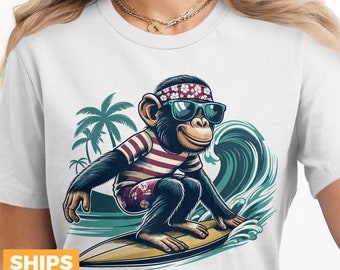 Surfing Monkey Graphic Tee: Retro Summer Beach Shirt