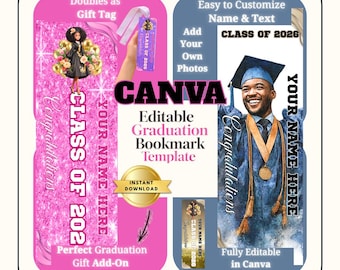 Editable Graduation Bookmark Template Canva, Gift Tag Template Class of 2026, Senior Favor, Custom Name, Instant Download