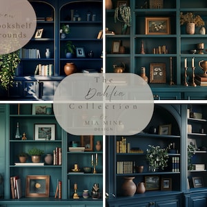 May include: Seven dark teal bookshelf backgrounds with decorative items, books, and plants. The text "The Dahlia Collection by Mia Mine Design" is on the image.