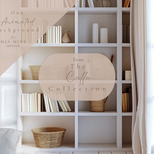 May include: A white bookshelf with multiple shelves filled with books, decorative items, and woven baskets. The text "From The Calla Collection" is displayed on a light brown background.