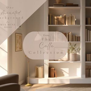 May include: A white bookshelf with multiple shelves filled with books. The bookshelf is in a room with a large window and a brown armchair. The text "From The Calla Collection" is superimposed on the image.