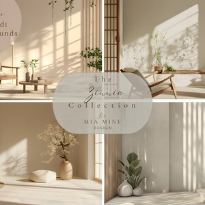 May include: Four minimalist Japanese-inspired room backgrounds featuring natural light, wooden furniture, and plants. The text "The Zinnia Collection by Mia Mine Design" is displayed in the center of the image.