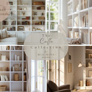 May include: Four animated backgrounds featuring a white bookshelf filled with books, a white couch with pillows, a white door with a window, and a brown armchair. The text "The Calla Collection by Mia Mine Design" is in the center of the image.