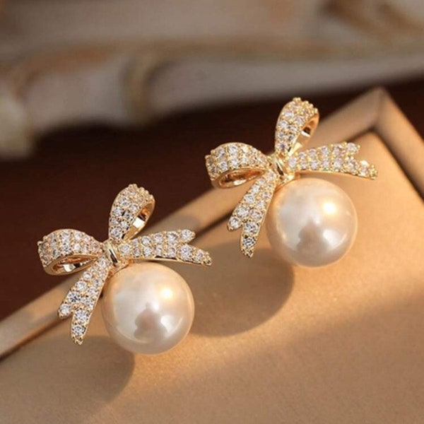 Coquette Bow Earrings | Rhinestone and Pearl Gold and Diamond Bow Earrings | Feminine Stud Earrings | Gift for Her | Best Seller Bow Earring