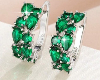 Emerald & Sterling Silver Hoop Earrings, Green CZ Earring, Genuine May Birthstone Earrings, Real S925 Silver Earrings, Jewelry Gift for Her