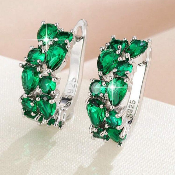 Emerald & Sterling Silver Hoop Earrings, Green CZ Earring, Genuine May Birthstone Earrings, Real S925 Silver Earrings, Jewelry Gift for Her