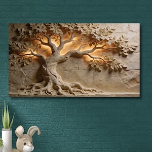 Livets träd stenrelief kanvas 3D optisk illusion natur andlig vardagsrumsdekor
