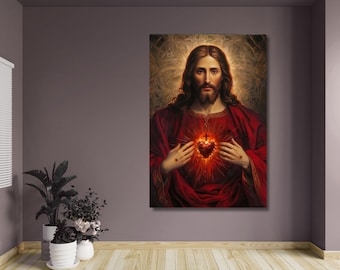 Tableau représentant le Sacré-Cœur de Jésus-Christ sur toile, estampe religieuse catholique, décoration chrétienne pour la maison