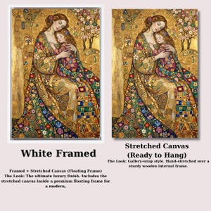 The image is a collage of two paintings, one in a white frame and the other in a ready-to-hang frame. The paintings depict a woman holding a child, with intricate patterns and designs throughout the artwork.