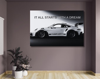 Sports Car Canvas Poster – "It All Starts With a Dream" Quote Wall Art