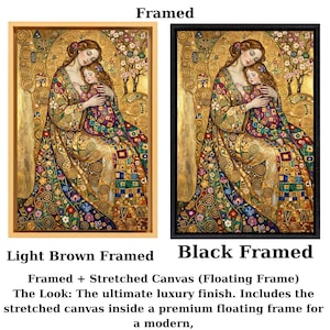 The image is a framed painting depicting a woman holding a child, with the text indicating that it is a framed artwork with a stretched canvas inside a premium floating frame.