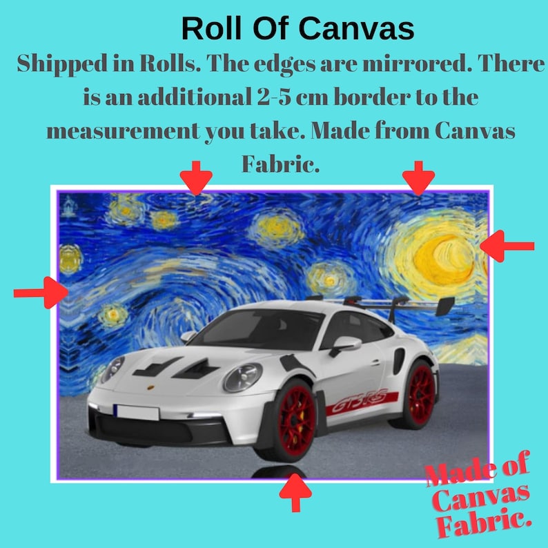 The image is a roll of canvas fabric, which is made from the edges of a canvas painting. The edges are mirrored, and there is an additional 2.5 cm border to the measurement you take. Made from Canvas Fabric.