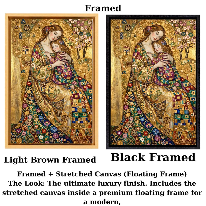 The image is a framed painting depicting a woman holding a child, with the text indicating that it is a framed artwork with a stretched canvas inside a premium floating frame.