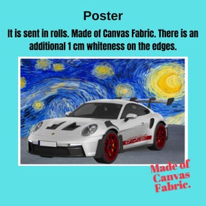 A poster featuring a white sports car with red wheels against a blue and yellow starry night sky background.